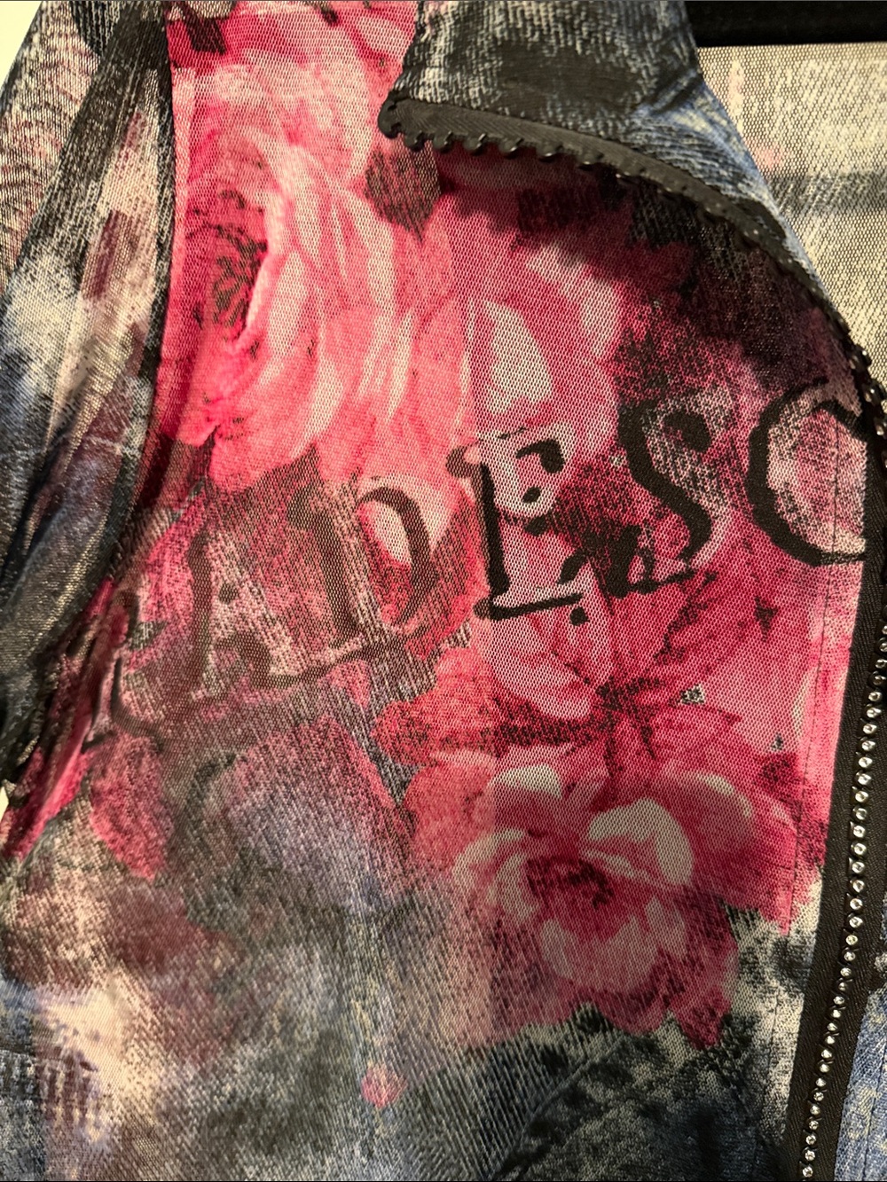 Damee Y2K Sheer Pink Floral Print Jean-Style Zip Jacket with Rhinestone Zipper - Picture 8 of 8